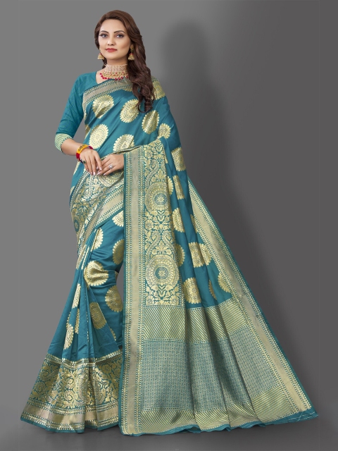 

Wuxi Women Teal & Gold-Toned Woven Design Zari Pure Silk Banarasi Saree