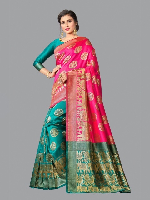 

Wuxi Women Pink & Green Woven Design Zari Pure Silk Banarasi Saree