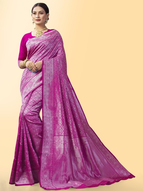 

Wuxi Women Pink & Silver-Toned Woven Design Pure Silk Kanjeevaram Saree