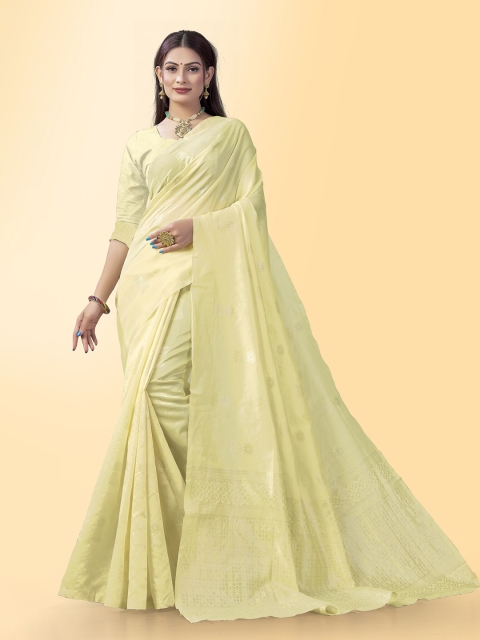 

Wuxi Yellow & Silver-Toned Woven Design Zari Pure Silk Banarasi Saree