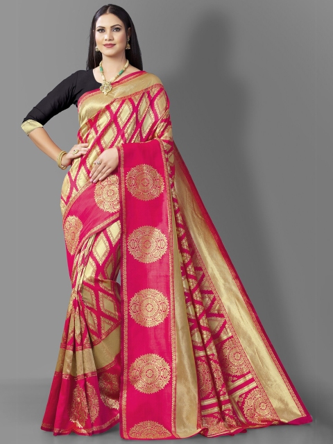 

Wuxi Pink & Gold-Toned Woven Design Zari Pure Silk Banarasi Saree