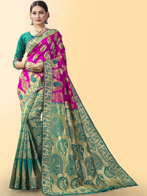 

Wuxi Women Green & Magenta Ethnic Motifs Zari Pure Silk Banarasi Saree