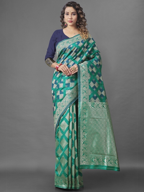 

Wuxi Women Green & Gold-Toned Woven Design Zari Pure Silk Banarasi Saree