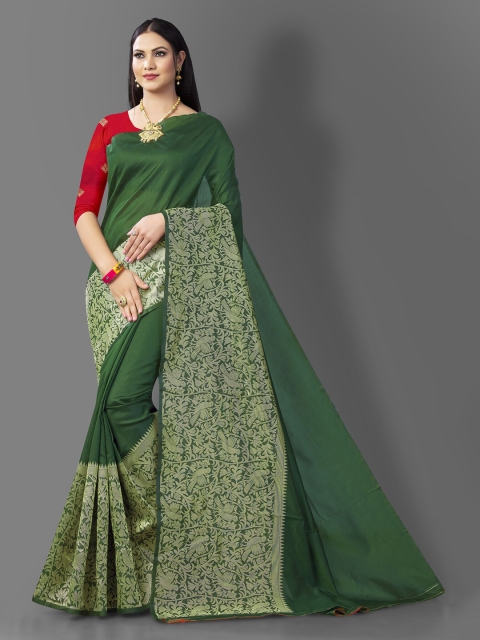 

Wuxi Women Green & Gold-Toned Woven Design Zari Pure Silk Banarasi Saree