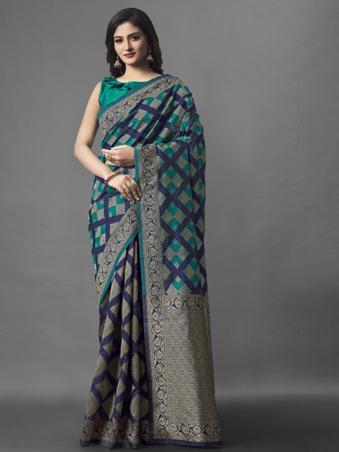 

Wuxi Women Navy Blue & Gold-Toned Woven Design Zari Pure Silk Banarasi Saree