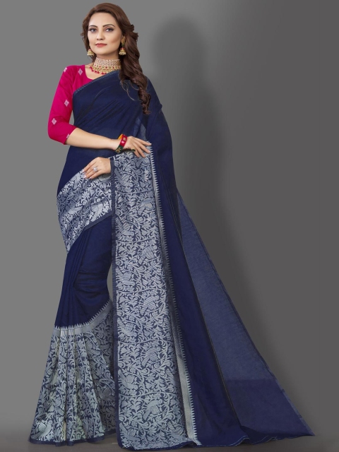 

Wuxi Women Blue & Silver-Toned Woven Design Zari Pure Silk Banarasi Saree