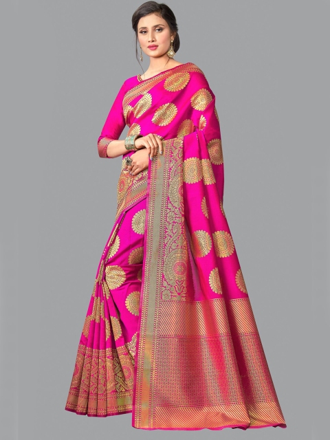 

Wuxi Women Pink & Gold-Toned Woven Design Zari Pure Silk Banarasi Saree