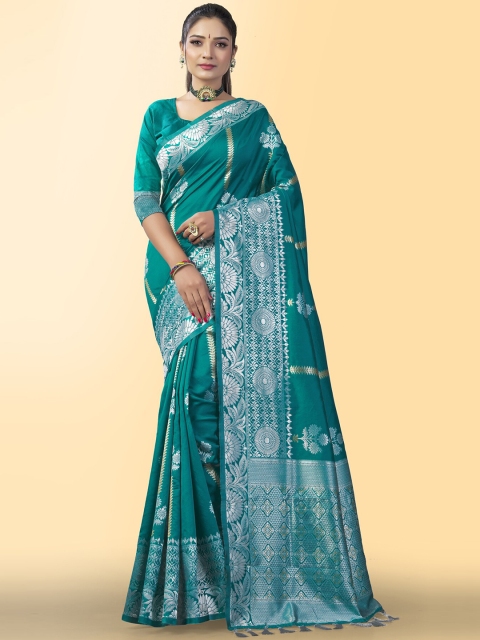

Wuxi Women Teal & Silver-Toned Zari Pure Silk Banarasi Saree
