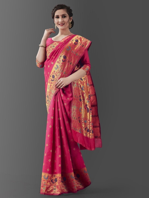 

Wuxi Women Pink & Gold-Toned Woven Design Zari Pure Silk Banarasi Saree