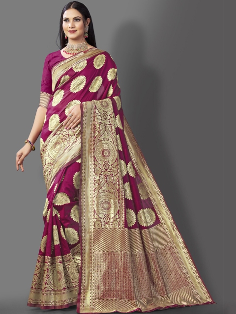 

Wuxi Women Magenta & Gold-Toned Woven Design Zari Pure Silk Banarasi Saree