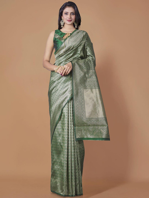 

Wuxi Women Green & Silver-Toned Ethnic Motifs Pure Silk Banarasi Saree