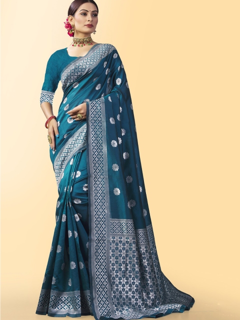 

Wuxi Women Blue & Silver-Toned Woven Design Zari Pure Silk Banarasi Saree