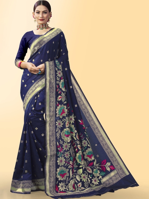 

Wuxi Women Navy Blue & Gold-Toned Floral Zari Pure Silk Banarasi Saree