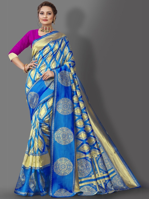 

Wuxi Blue & Gold-Toned Ethnic Motifs Zari Pure Silk Banarasi Saree