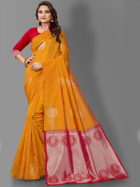 

Wuxi Women Yellow & Red Ethnic Motifs Zari Pure Silk Banarasi Saree