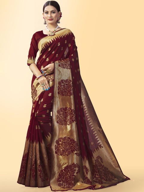 

Wuxi Women Maroon & Gold-Toned Ethnic Motifs Zari Pure Silk Banarasi Saree