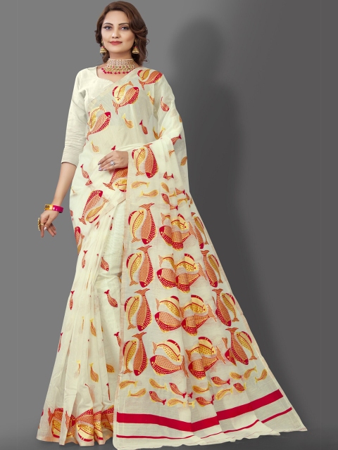 

Wuxi Wmen Off White & Yellow Woven Design Zari Pure Silk Banarasi Saree