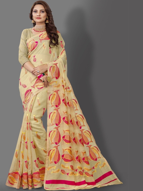 

Wuxi Women Cream-Coloured & Gold-Toned Woven Design Zari Pure Silk Banarasi Saree