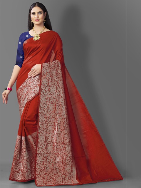 

Wuxi Women Red & Silver-Toned Woven Design Zari Pure Silk Banarasi Saree