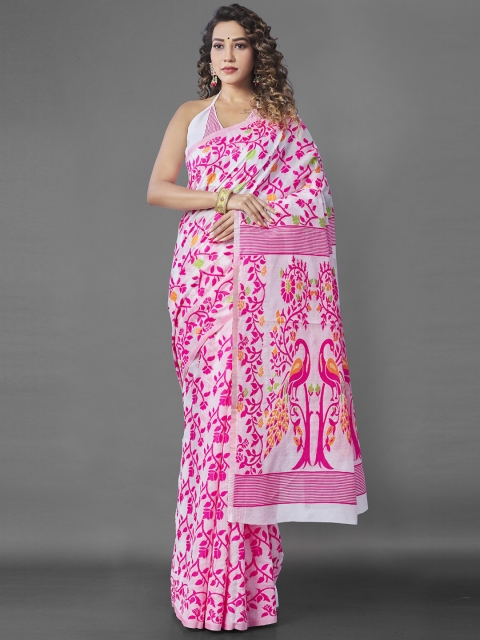 

Wuxi Women White & Pink Woven Design Pure Cotton Jamdani Saree