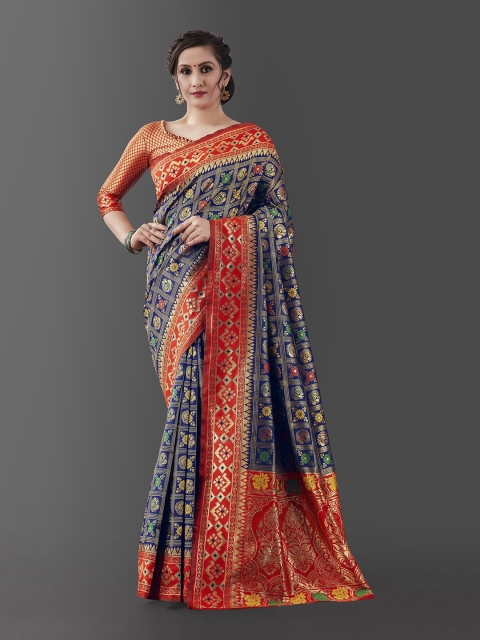 

Wuxi Women Blue & Orange Woven Design Zari Pure Silk Patola Saree