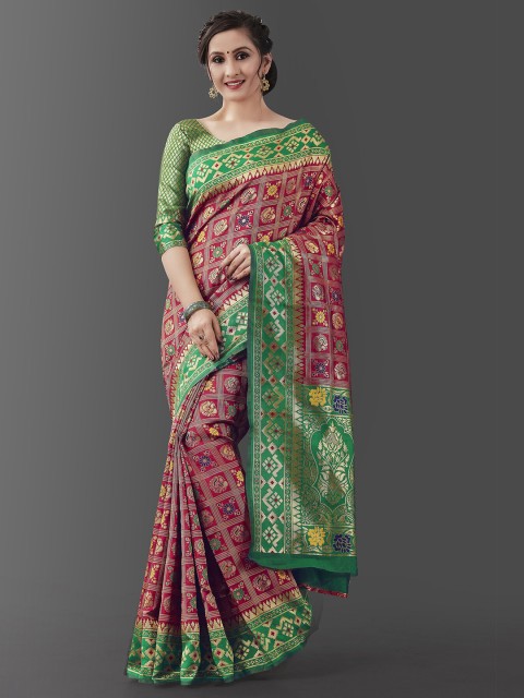 

Wuxi Women Red & Green Woven Design Zari Pure Silk Patola Saree