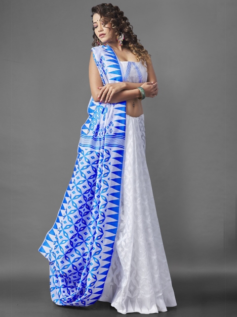 

Wuxi Women White & Blue Woven Design Pure Cotton Jamdani Saree