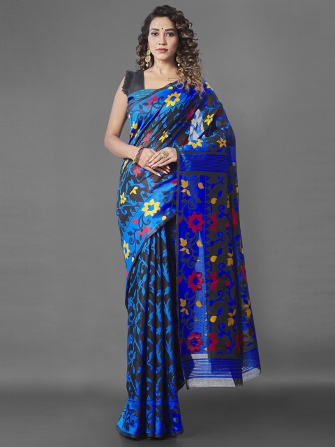 

Wuxi Women Blue & Black Woven Design Pure Cotton Jamdani Saree