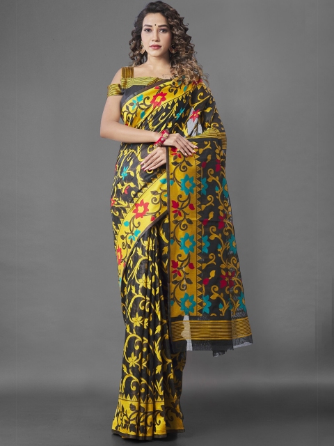 

Wuxi Women Black & Yellow Woven Design Zari Pure Cotton Jamdani Saree