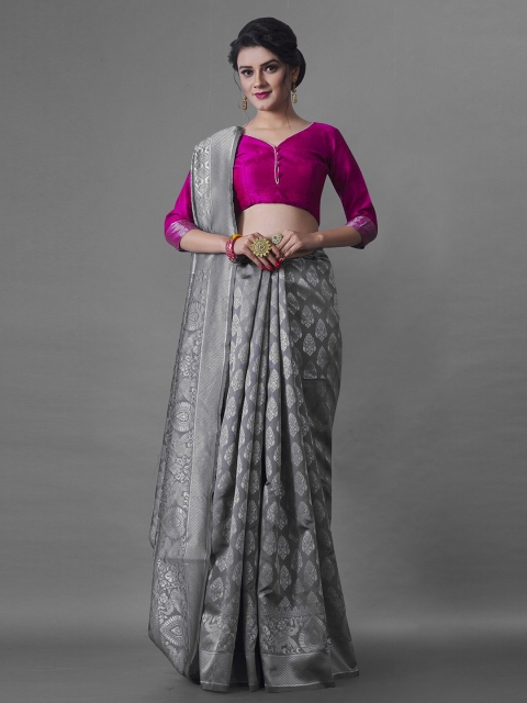 

Wuxi Women Grey & Magenta Ethnic Motifs Zari Pure Silk Banarasi Saree