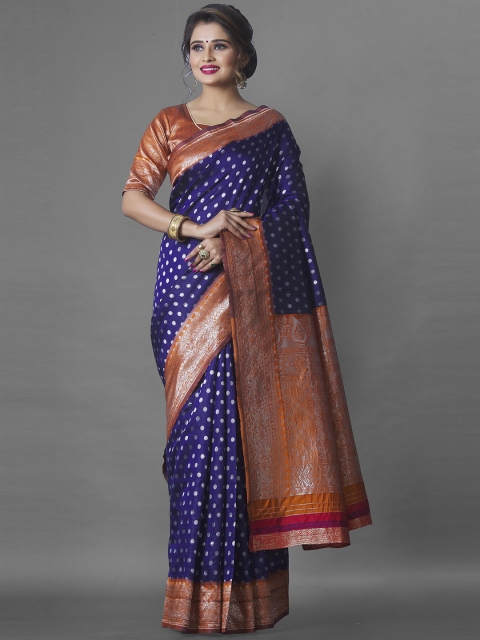 

Wuxi Women Navy Blue & Orange Woven Design Zari Pure Silk Banarasi Saree