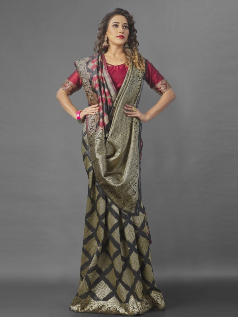 

Wuxi Women Black & Red Woven Design Zari Pure Silk Banarasi Saree