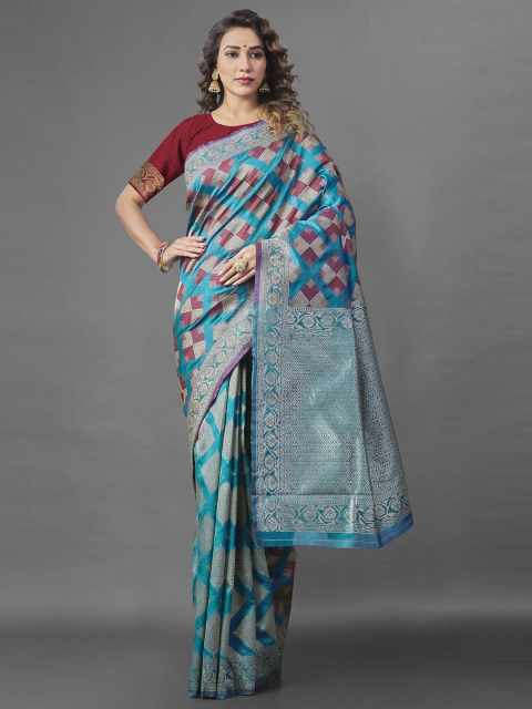 

Wuxi Women Teal & Red Woven Design Zari Pure Silk Banarasi Saree