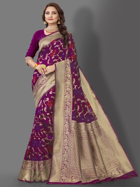 

Wuxi Women Purple & Gold-Toned Floral Zari Pure Silk Banarasi Saree