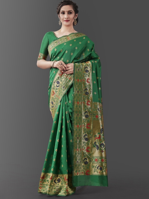 

Wuxi Women Green & Red Woven Design Zari Pure Silk Banarasi Saree
