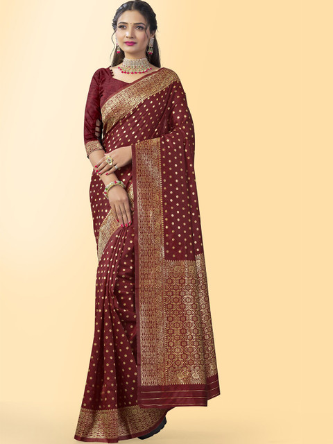 

Wuxi Women Maroon & Gold-Toned Ethnic Motifs Zari Pure Silk Banarasi Saree