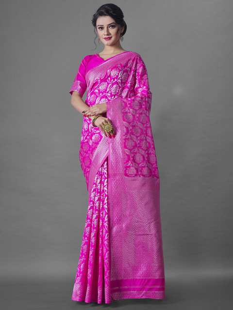 

Wuxi Women Pink & Silver-Toned Floral Zari Pure Silk Banarasi Saree