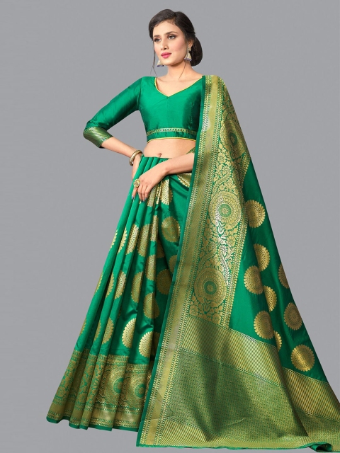 

Wuxi Women Green & Gold-Toned Woven Design Zari Pure Silk Banarasi Saree