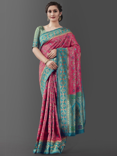 

Wuxi Women Pink & Sea Green Woven Design Zari Pure Silk Kanjeevaram Saree