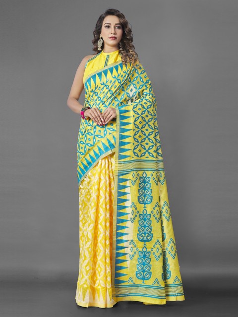 

Wuxi Women Yellow & Green Woven Design Zari Pure Cotton Jamdani Saree