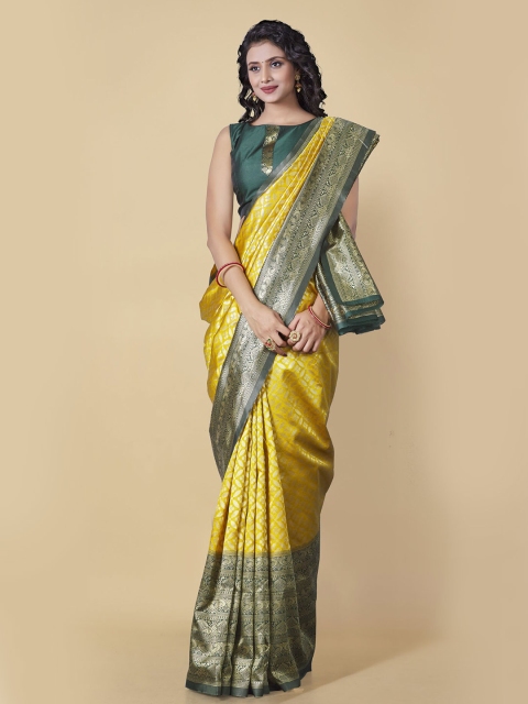 

Wuxi Women Yellow & Green Woven Design Zari Pure Silk Kanjeevaram Saree