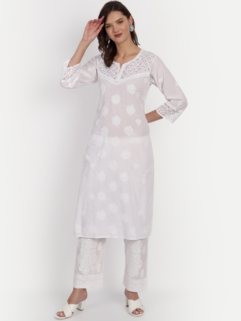 

Indiankala4u Women White Ethnic Motifs Embroidered Chikankari Kurta