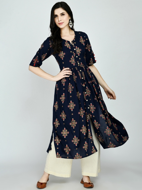

KALINI Women Blue & Brown Ethnic Motifs Printed Keyhole Neck Kurta