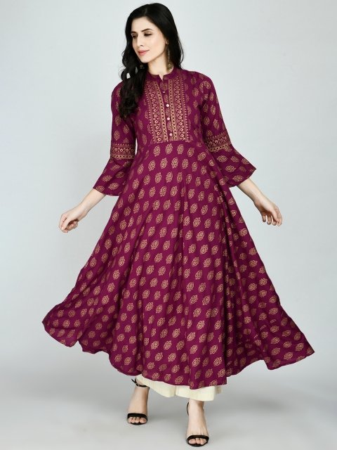 

KALINI Women Magenta Ethnic Motifs Printed Bell Sleeves Gotta Patti Anarkali Kurta