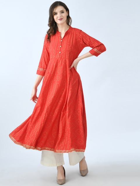 

KALINI Women Orange & Gold-Toned Keyhole Neck Anarkali Kurta