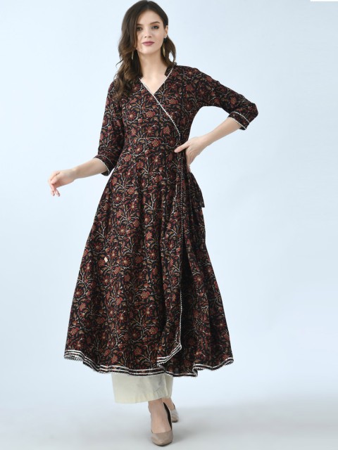 

KALINI Women Black Floral Printed Angrakha Anarkali Kurta