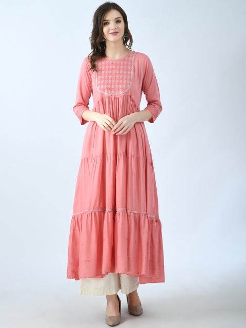 

KALINI Women Cream-Coloured Yoke Design Anarkali Tiered Kurta