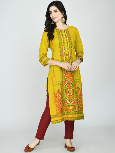

KALINI Women Mustard Yellow Ethnic Motifs Printed Kurta