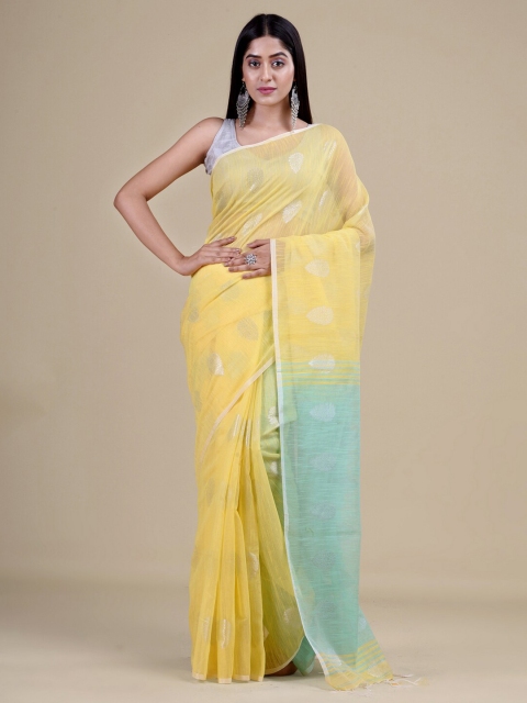 

Laa Calcutta Women Yellow & Blue Woven Design Jute Silk Jamdani Saree
