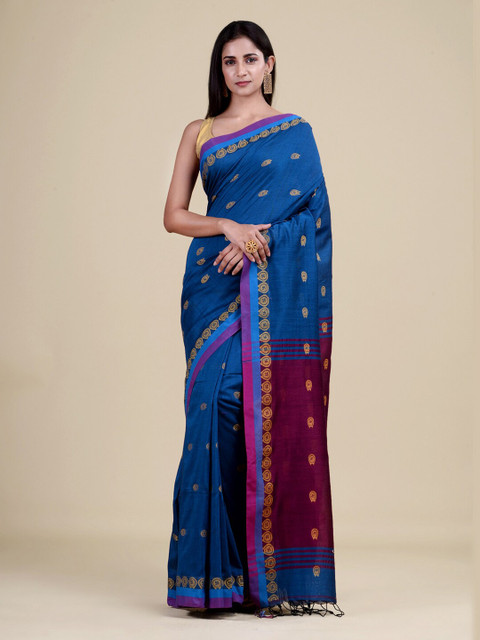 

Laa Calcutta Women Blue & Purple Woven Design Jute Silk Jamdani Saree